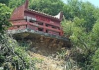 　經過幾次大雨沖刷，夫人村白馬大王廟地基淘空嚴重。（圖／文：張登傑）