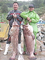 東引中柳村長王維德(右)捕獲二尾藏鱗桂,由鄉代主席楊雲成(左)購走。(圖/文:陳其敏)