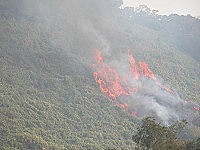　塘岐靶場昨天上午發生火燒山意外，烈焰沖天飛灰四起。（圖／文：陳鵬雄）
