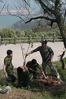 北竿鄉芹壁村陳安民村長,指導官士兵櫻花的種植技術,協力將樹苗植入土中。(圖/文:吳孟學)
