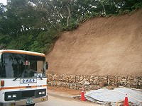 　南竿聚英路上坡的坍方處，已噴灑草種、泥土及肥料；其餘坍方位置本週噴灑完畢。（圖／文：邱竟瑋）
