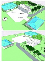 南竿火化場方案一(上) ,家屬入口朝殯儀館前廣場,棺木從另一側進入,內部的祭拜空間、火化空間是分離的。南竿火化場方案二(下),家屬入口及棺木入口如圖所示,祭拜空間和火化空間部分重疊。(圖:南竿鄉公所提供)