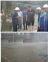 縣長陳雪生等縣府相關首長至現場勘察,議員曹以標、陳書建也至現場關切。(上圖);鳳凰颱風來勢洶洶,介壽廣場一半淹水。(下圖)(圖:縣府工務局提供)
