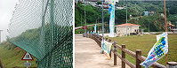 東引體育館旁邊網球場護網與離島運動會宣傳旗幟經歷辛樂克颱風吹襲後,必須要重新整修固定。(圖/文:陳其敏)