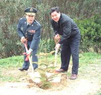 東引植樹節活動，指揮官王興尉少將與鄉長陳寶銘合力栽植一株南洋杉。（圖／文：陳其敏）